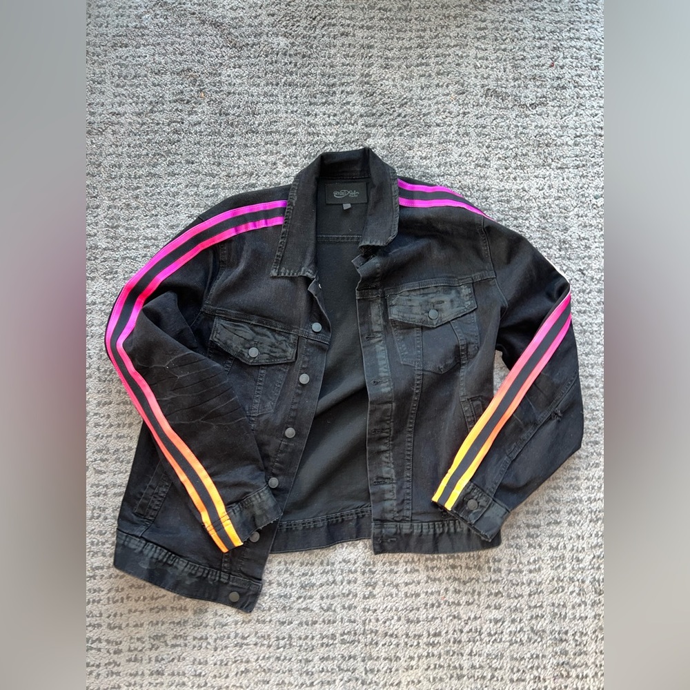 Black denim jacket w/ ombré racing stripes